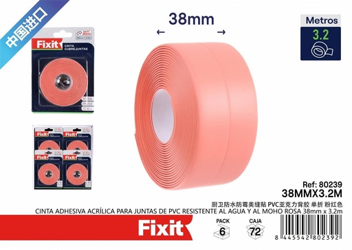 [80239] Cinta adhesiva acrílica para juntas de PVC resistente al agua rosa 38mm*3.2m - Cintas adhesivas