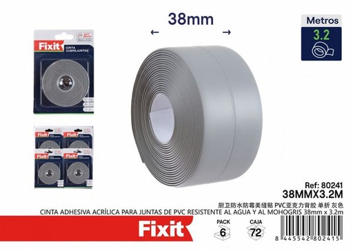 [80241] Cinta adhesiva acrílica para juntas de PVC resistente al agua y al moho gris 38mm*3.3m, ferretería