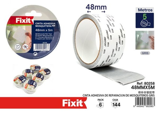 [80258] Cinta adhesiva de reparación de mosquiteros gris 48mm x 5m para bricolaje