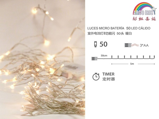 [239152] Luz de guirnalda LED con 3 pilas AA uso exterior, 50 luces, 6m, 8 funciones