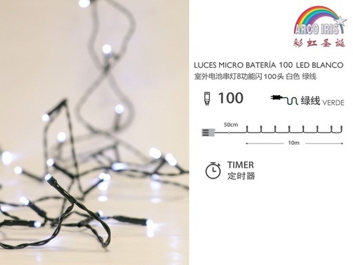 [239174] Guirnalda LED con 3 pilas AA uso exterior, 100 luces blancas, 8 funciones, 11m