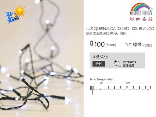 [239273] Guirnalda LED solar 100 luces blancas con 8 funciones para decoración navideña