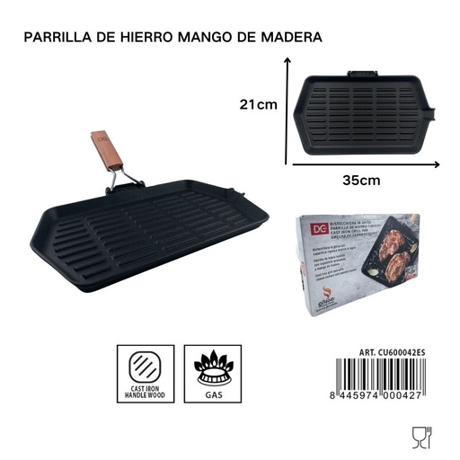 [A000578] Parrilla de hierro mango de madera 36.5x24.3cm - Utensilios de cocina