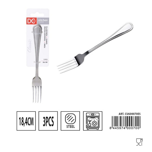 [A000430] Tenedor de postre clásico 3 piezas 18.4 cm - Utensilios de mesa