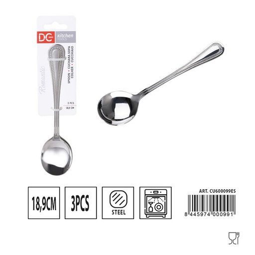 [A000463] Cuchara sopera romántica 3 piezas 18.9 cm - Juego de utensilios de cocina