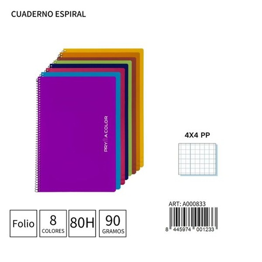 [A000833] Cuaderno espiral Fº 80h/90g 4x4 PP