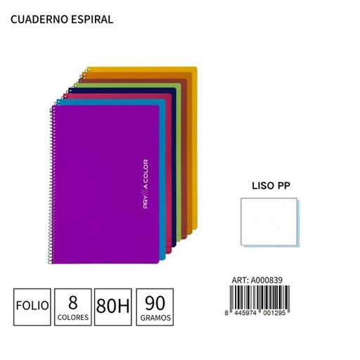 [A000839] Cuaderno espiral A4 80h 90g liso PP para oficina