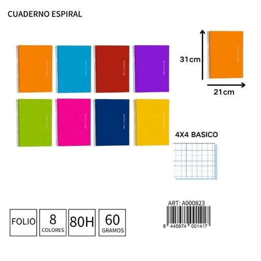 [A000823] Cuaderno espiral Fº 80H/60G 4x4 básico