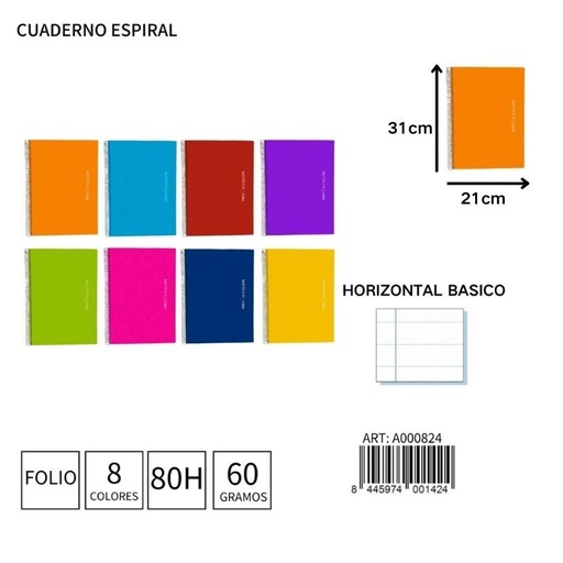 [A000824] Cuaderno espiral Fº 80h/60g horizontal básico para estudiantes