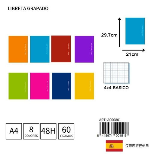 [A000801] Cuaderno grapado A4 48 hojas 60g 4x4 tapa blanda Pryma