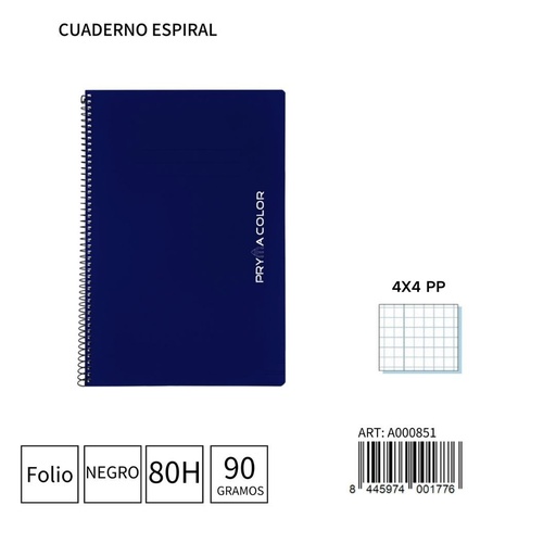 [A000851] Cuaderno espiral Fº 80 hojas 90g 4x4 tapa PP