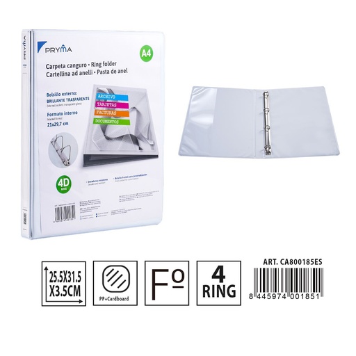 [A000953] Carpeta canguro PP 4 anillas 255x315 mm - Artículos de papelería