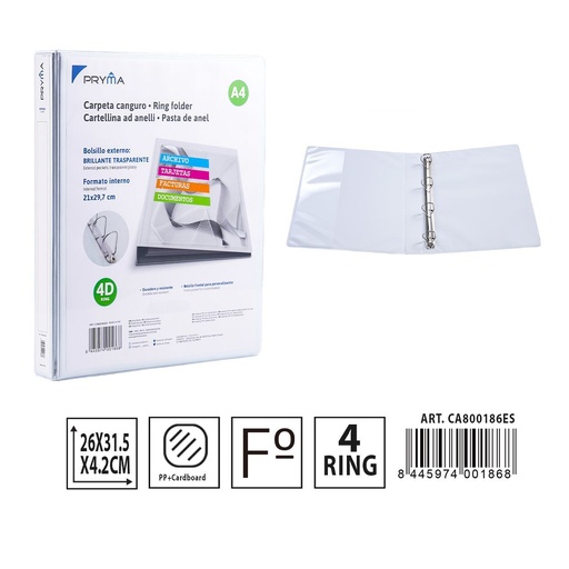 [A000954] Carpeta canguro PP con 4 anillas 260x315mm anilla 25mm para documentos