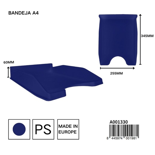 [A001330] Bandeja azul A4 345x255x60 mm - Papelería