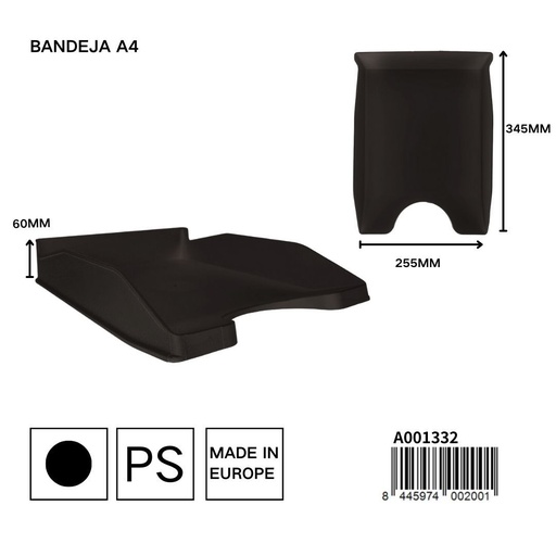 [A001332] Bandeja organizadora negro A4 345x255x60mm para documentos y escritorio