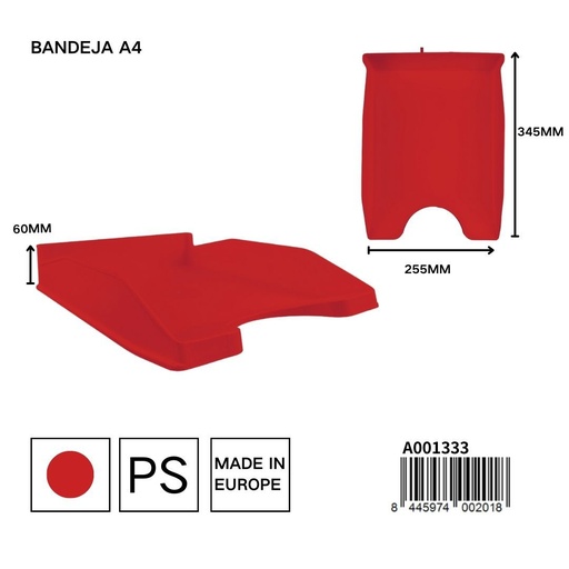 [A001333] Bandeja roja A4 345x255x60 mm - Papelería