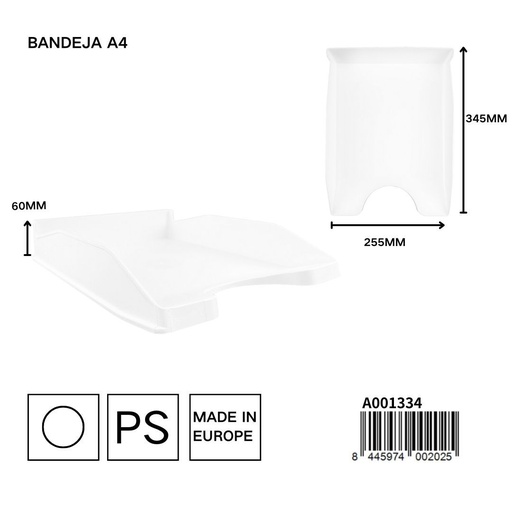 [A001334] Bandeja organizadora blanca A4 345x255x60mm