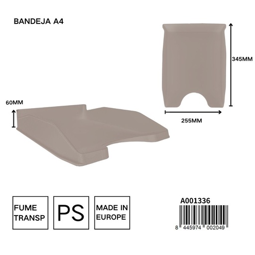 [A001336] Bandeja de documentos transparente fumé 345x255x60mm