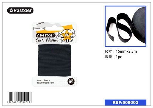 [508002] Elástico negro 15mm x 2.5m para costura