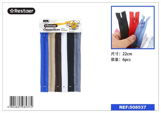 [508537] Cremallera de color de 22 cm (6 piezas) - Accesorios de costura